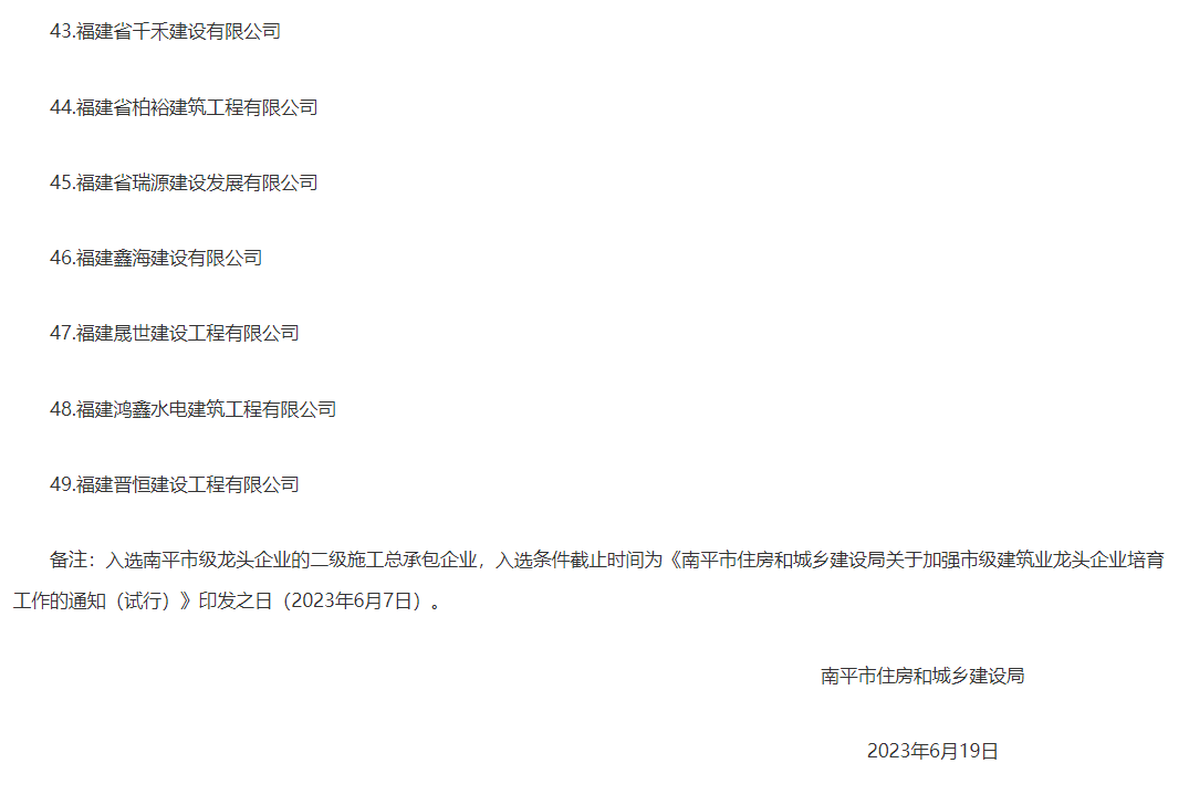 易順建工集團有限公司被評為南平市市級建筑業(yè)龍頭企業(yè)。